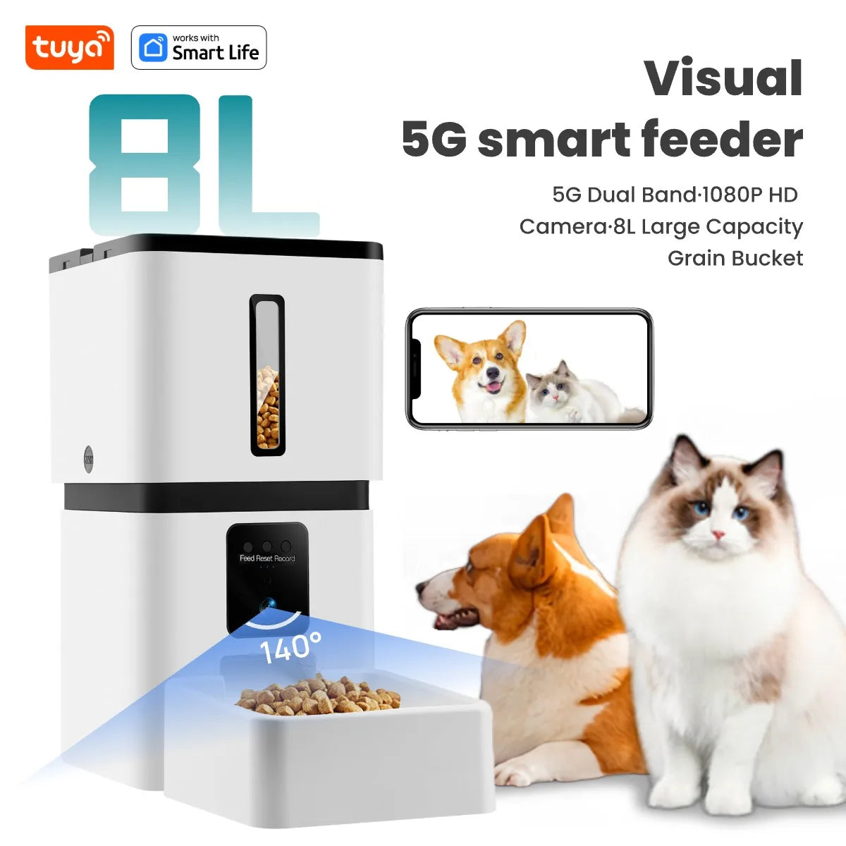 8L Automatic Smart Food Dispenser Timer ABS Bowl Auto Dog Cat Pet Feeding HD Camera Wifi Auto Feeder with Tuyaapp Remote Control